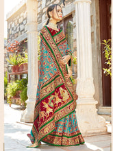 Turquoise Satin Silk Embroidered Saree